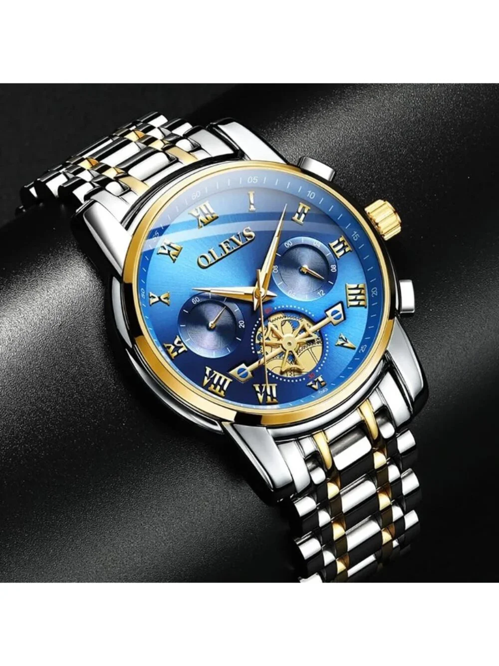 Olevs Men's Silver Blue Face Multifunction Waterproof Luminous Chronograph Watch